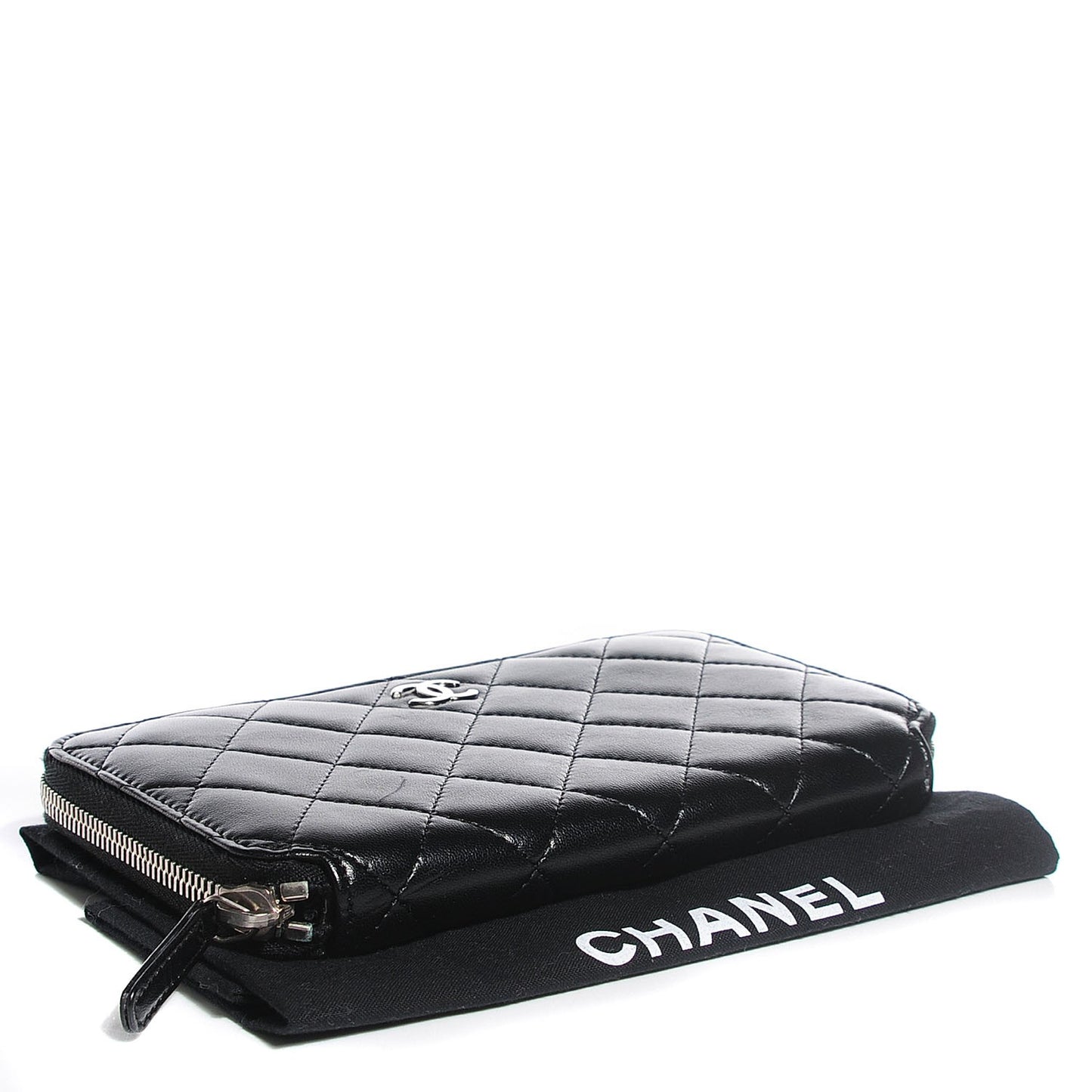 Lambskin Quilted Large Zip Around Wallet Black
