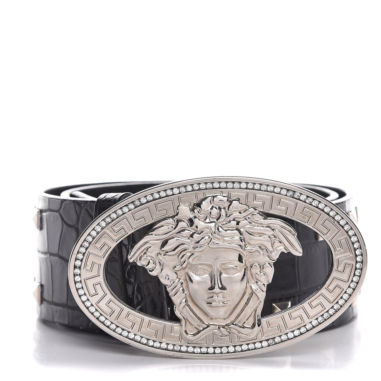 Versace Croc Calfskin Embossed Studded Medusa Belt 75 30 Black 1 of 7