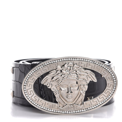 Versace Croc Calfskin Embossed Studded Medusa Belt 75 30 Black 1 of 7
