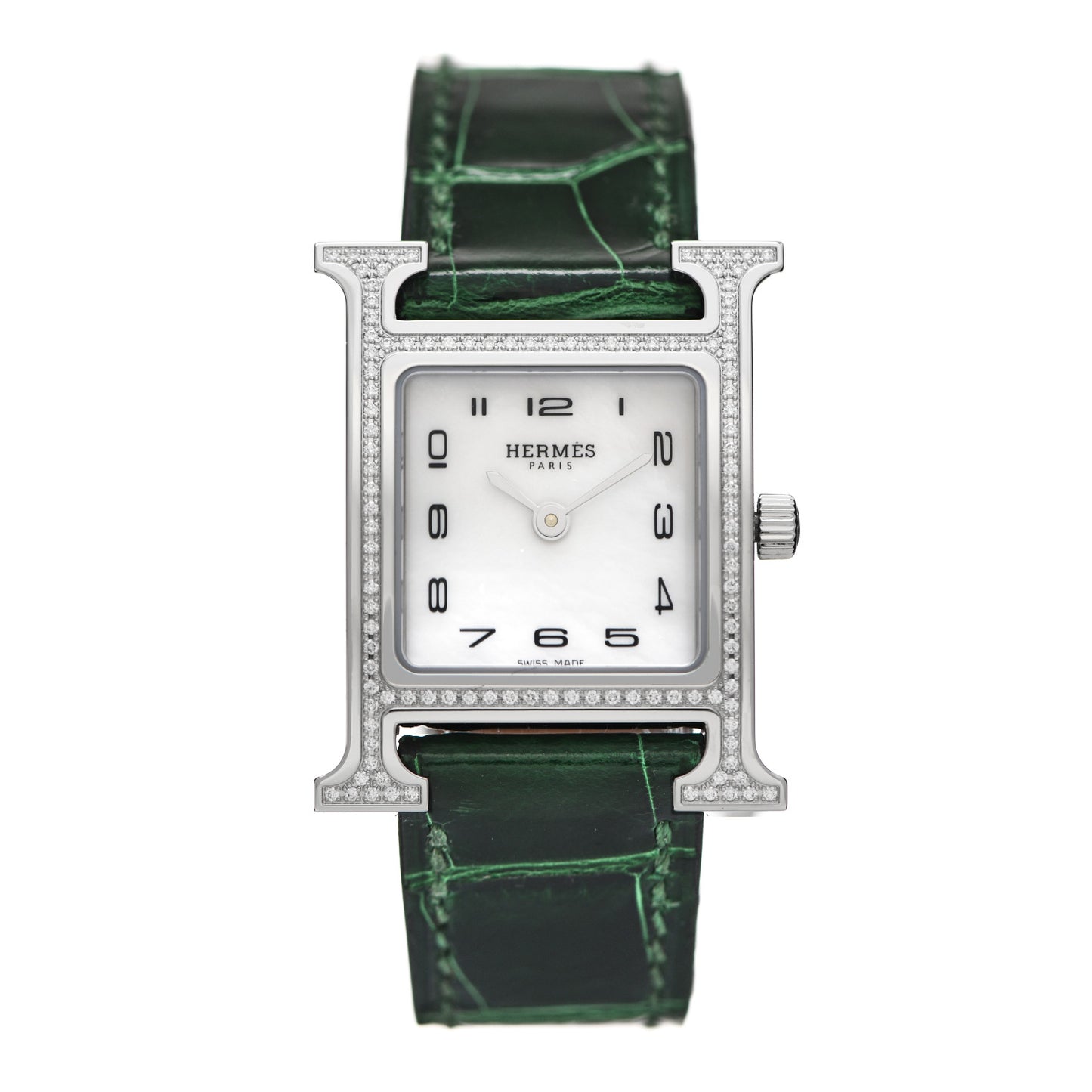 Stainless Steel Alligator Diamond Bezel Mother of Pearl 21mm Heure H Hour Quartz Watch Vert Moyen