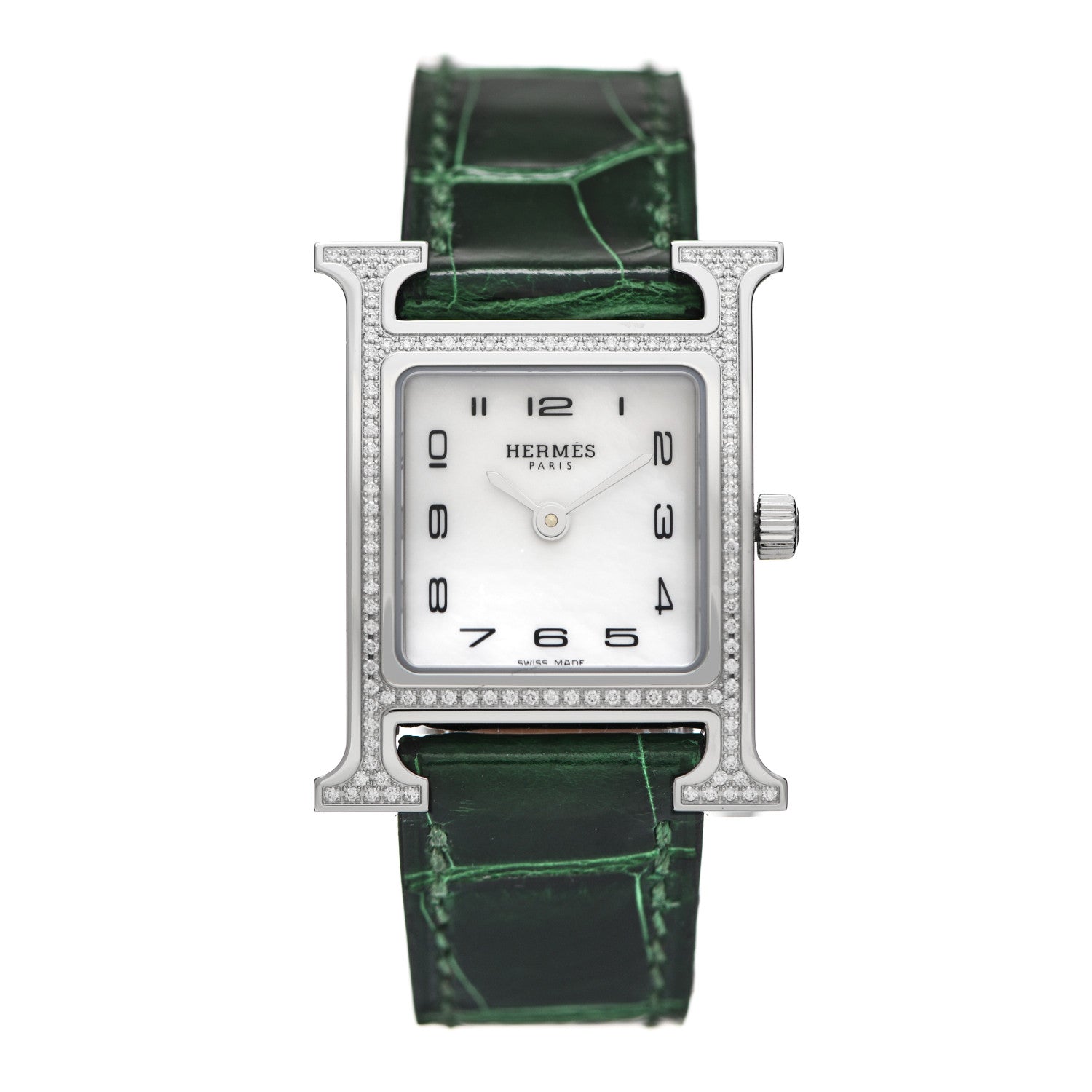 Hermes Stainless Steel Alligator Diamond Bezel Mother of Pearl 21mm Heure H Hour Quartz Watch Vert Moyen 1 of 5