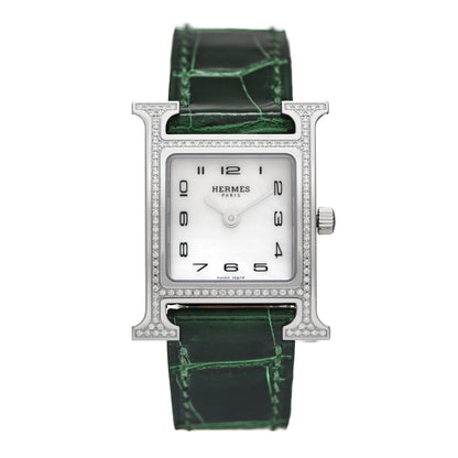 Hermes Stainless Steel Alligator Diamond Bezel Mother of Pearl 21mm Heure H Hour Quartz Watch Vert Moyen 1 of 5