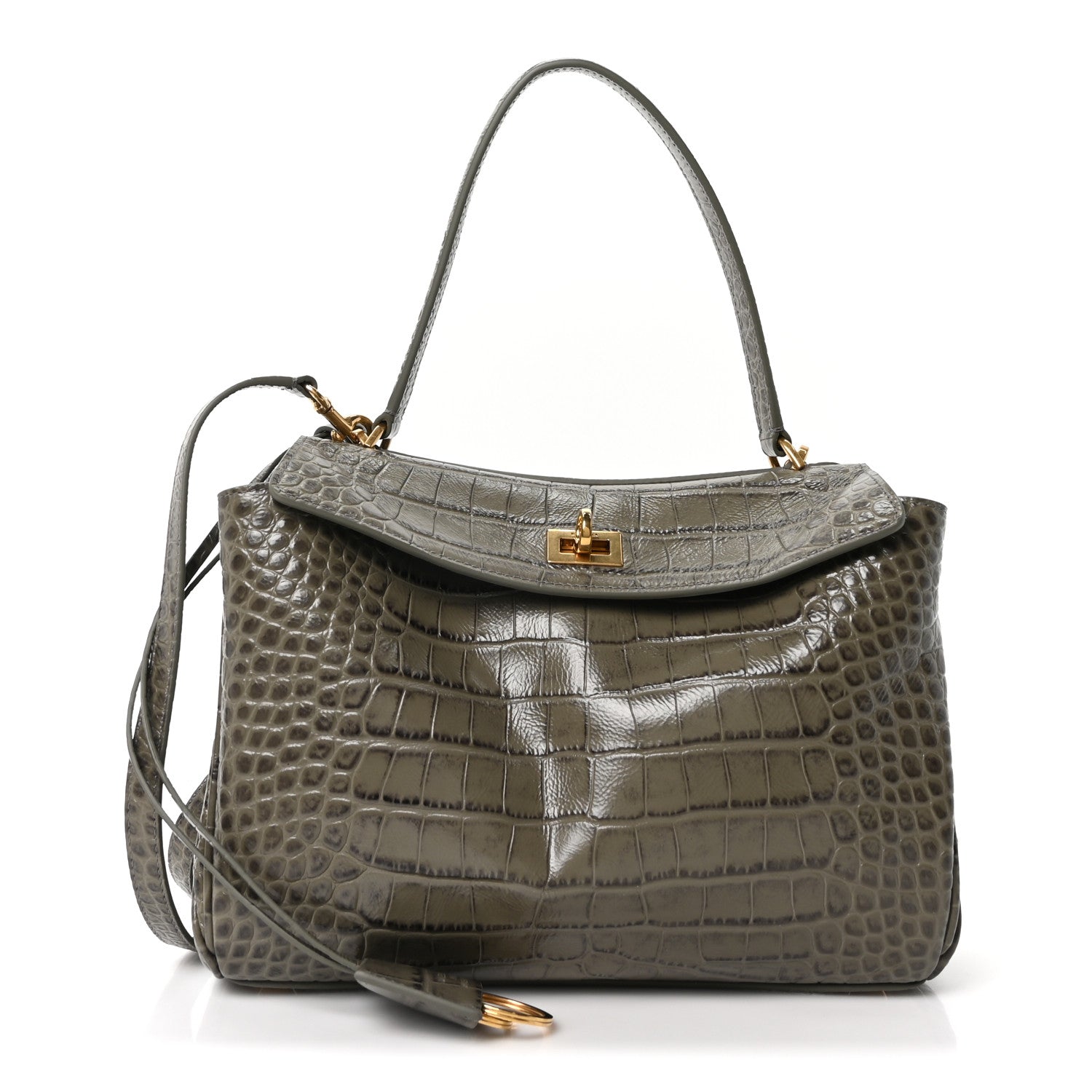 Balenciaga Shiny Calfskin Crocodile Embossed Small Rodeo Top Handle Handbag Army Green 1 of 9