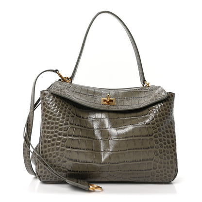Balenciaga Shiny Calfskin Crocodile Embossed Small Rodeo Top Handle Handbag Army Green 1 of 9