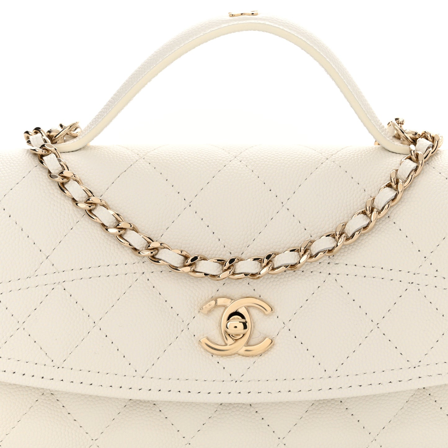 Caviar Quilted Trendy Handle Clutch With Chain White