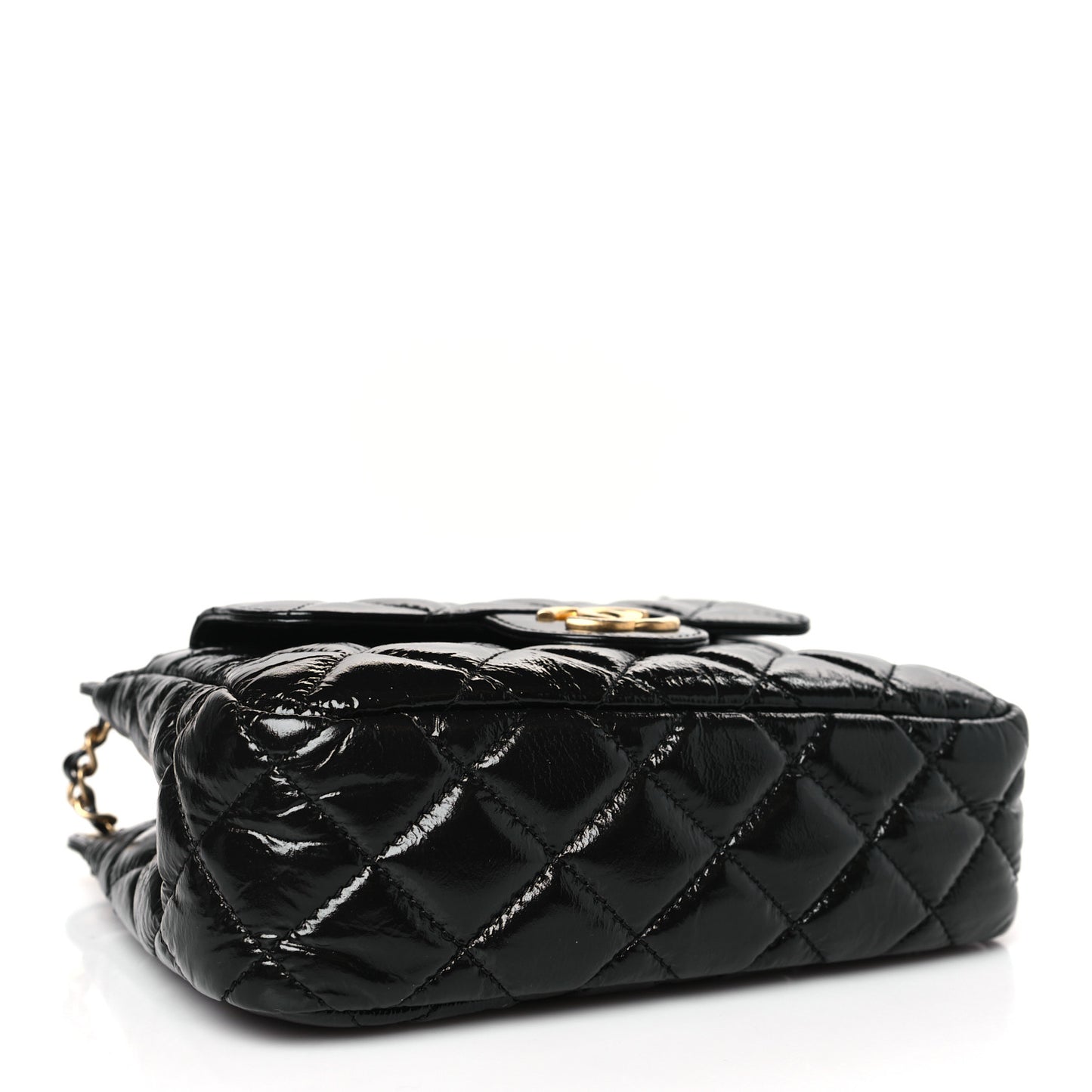 Shiny Crumpled Calfskin Quilted Small Wavy CC Hobo Black