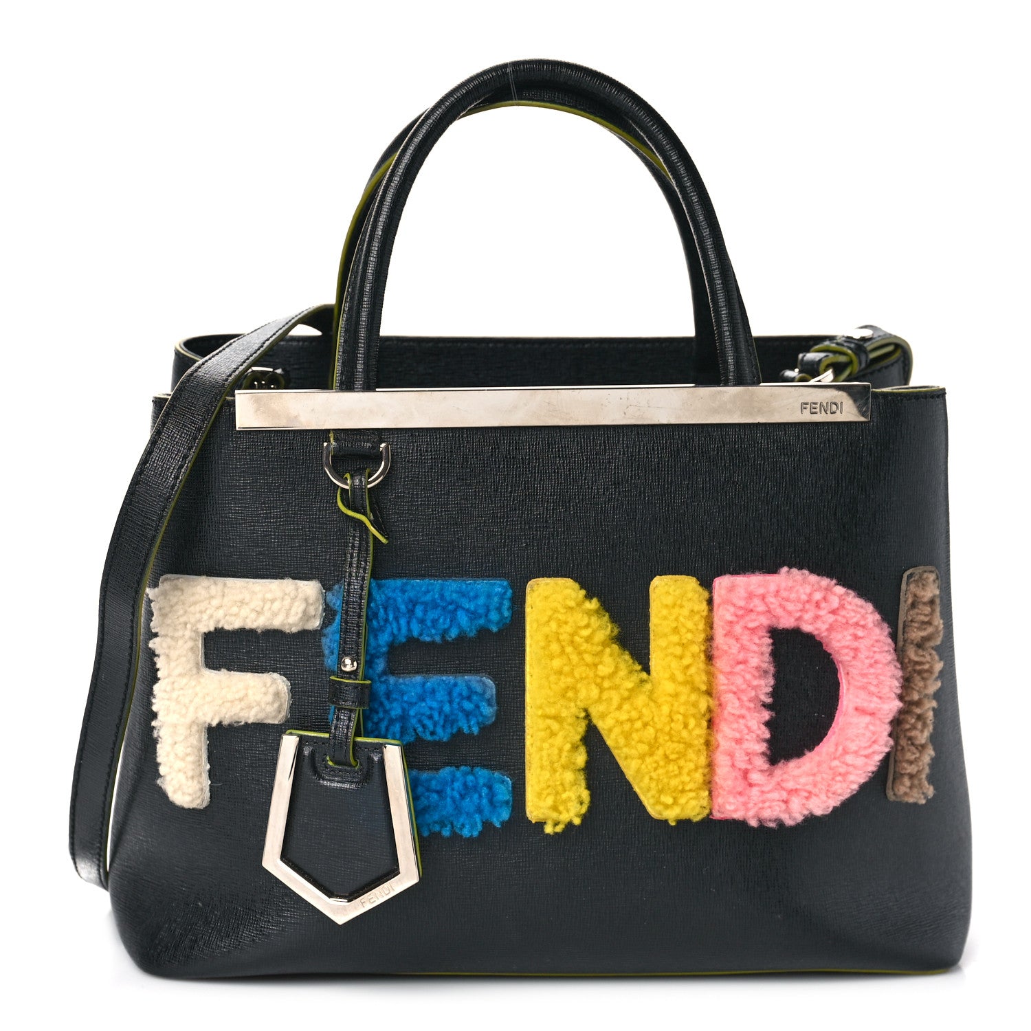 Fendi Vitello Elite Shearling Block Letter Petite 2Jours Tote Black 1 of 8