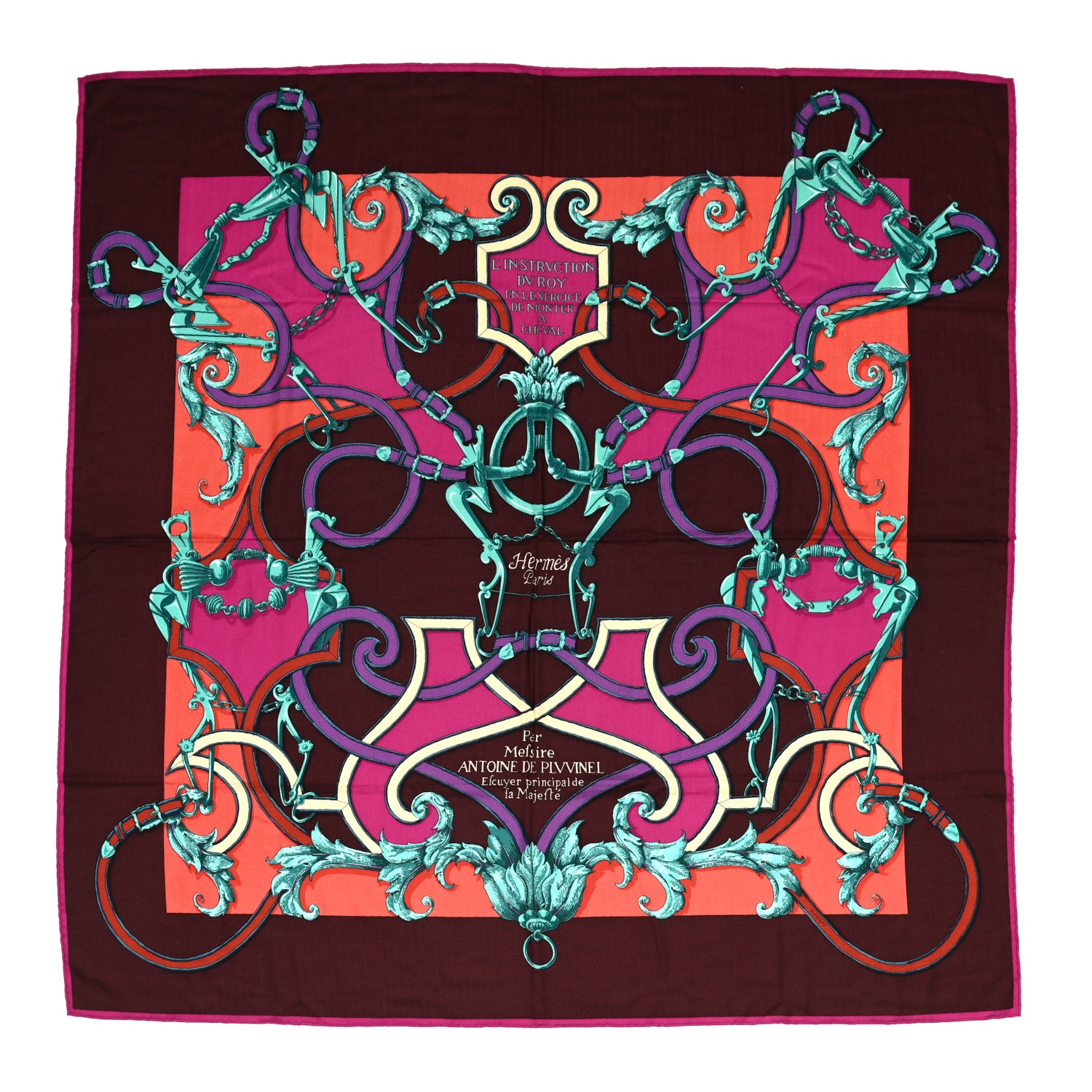 Hermes Cashmere Silk L Instruction Du Roy Shawl 140 Aubergine Fuchsia Vert 1 of 7