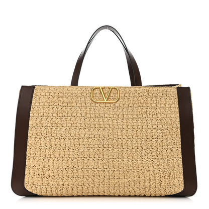 Valentino Garavani Raffia Calfskin Vlogo Tote Naturale Fondant 1 of 9