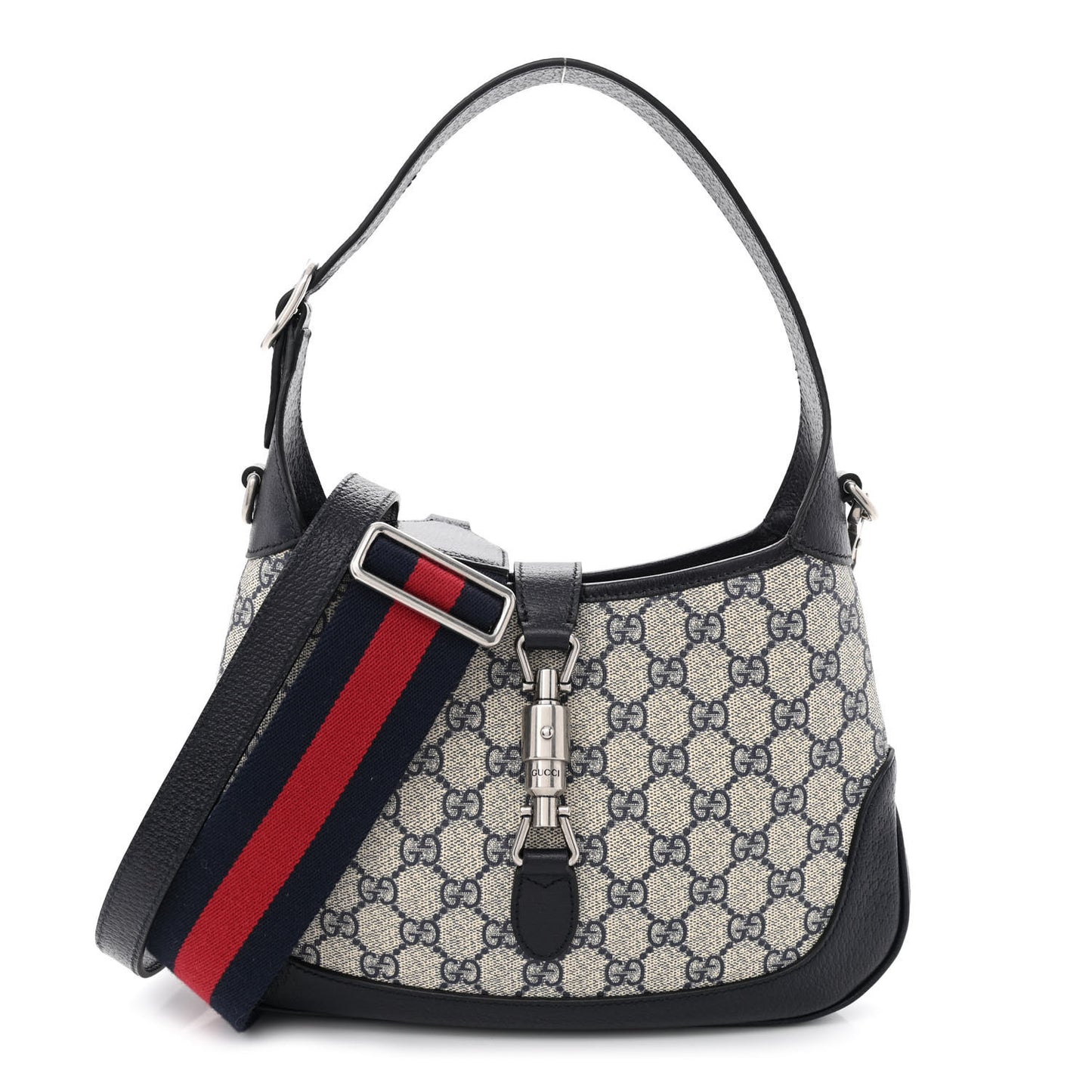 GG Supreme Monogram Textured Dollar Calfskin Web Small Jackie 1961 Hobo Beige Blue