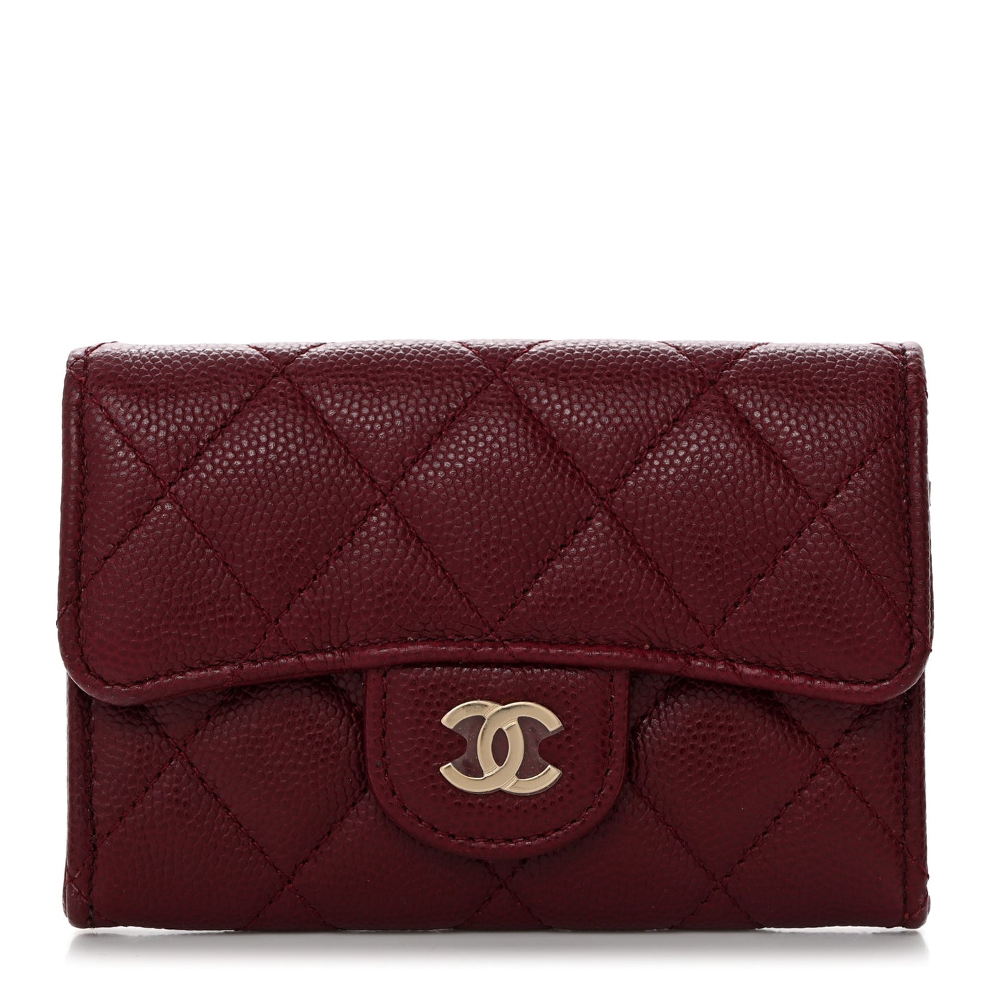 Caviar Quilted Flap Card Holder Wallet Burgundy