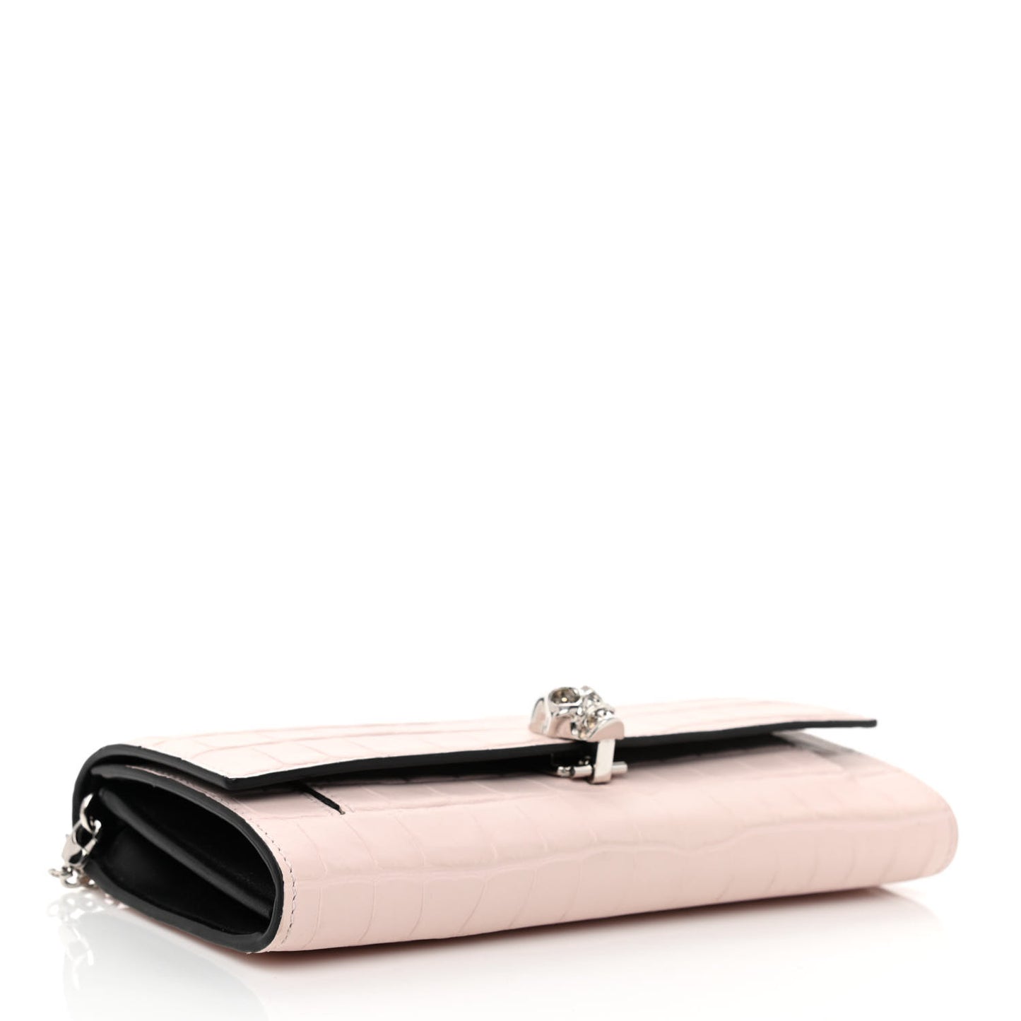 Calfskin Crocodile Embossed Skull Wallet on Chain Baby Pink