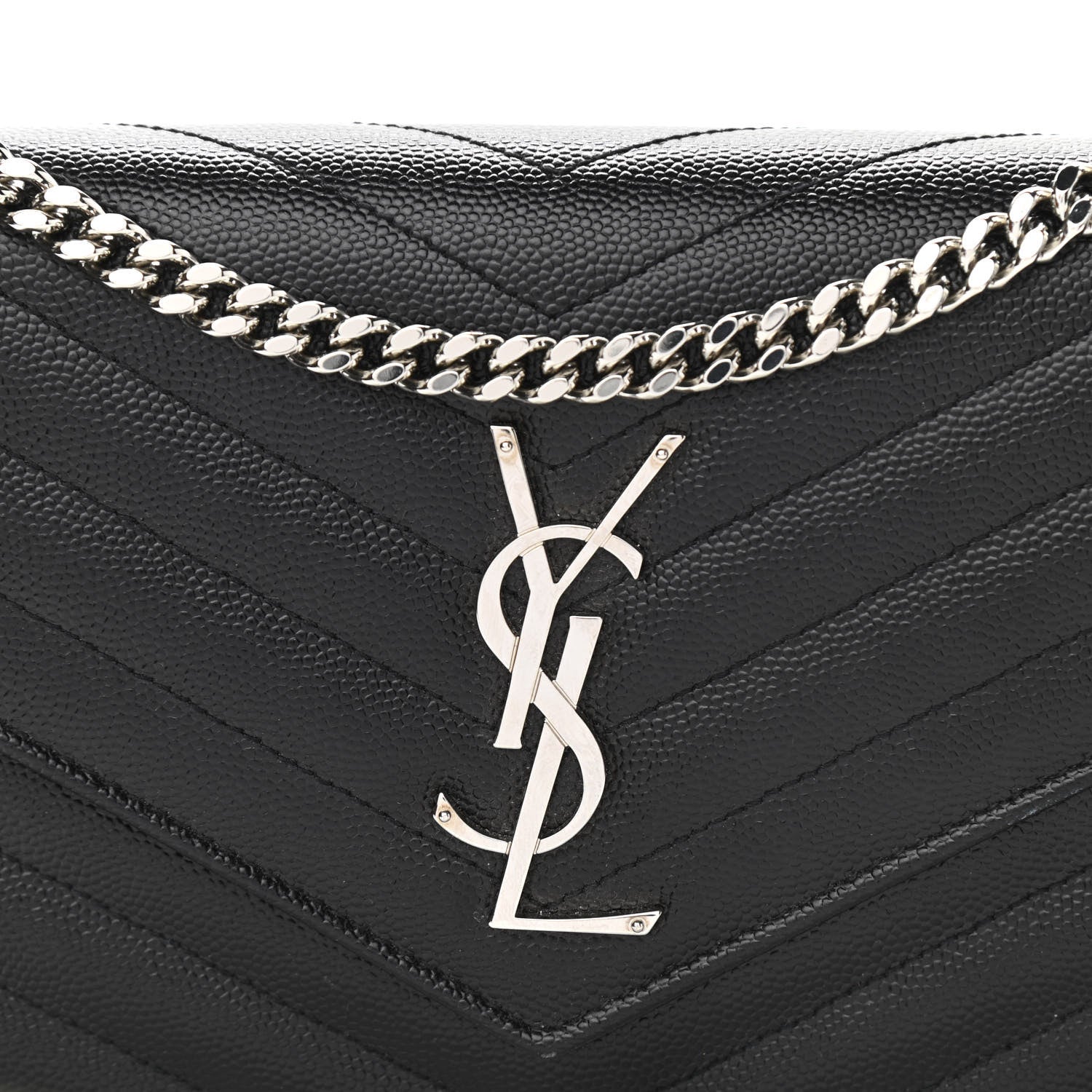 Saint Laurent Grain De Poudre Matelasse Chevron Monogram Chain Wallet Black 7 of 9