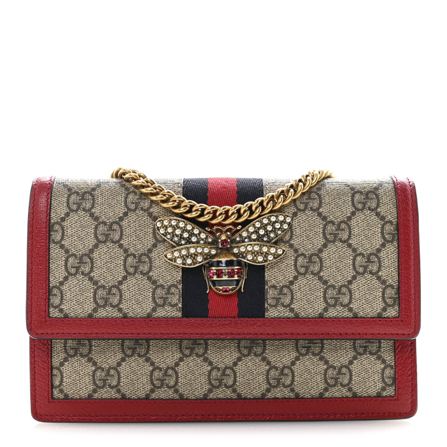GG Supreme Monogram Web Queen Margaret Chain Wallet Red