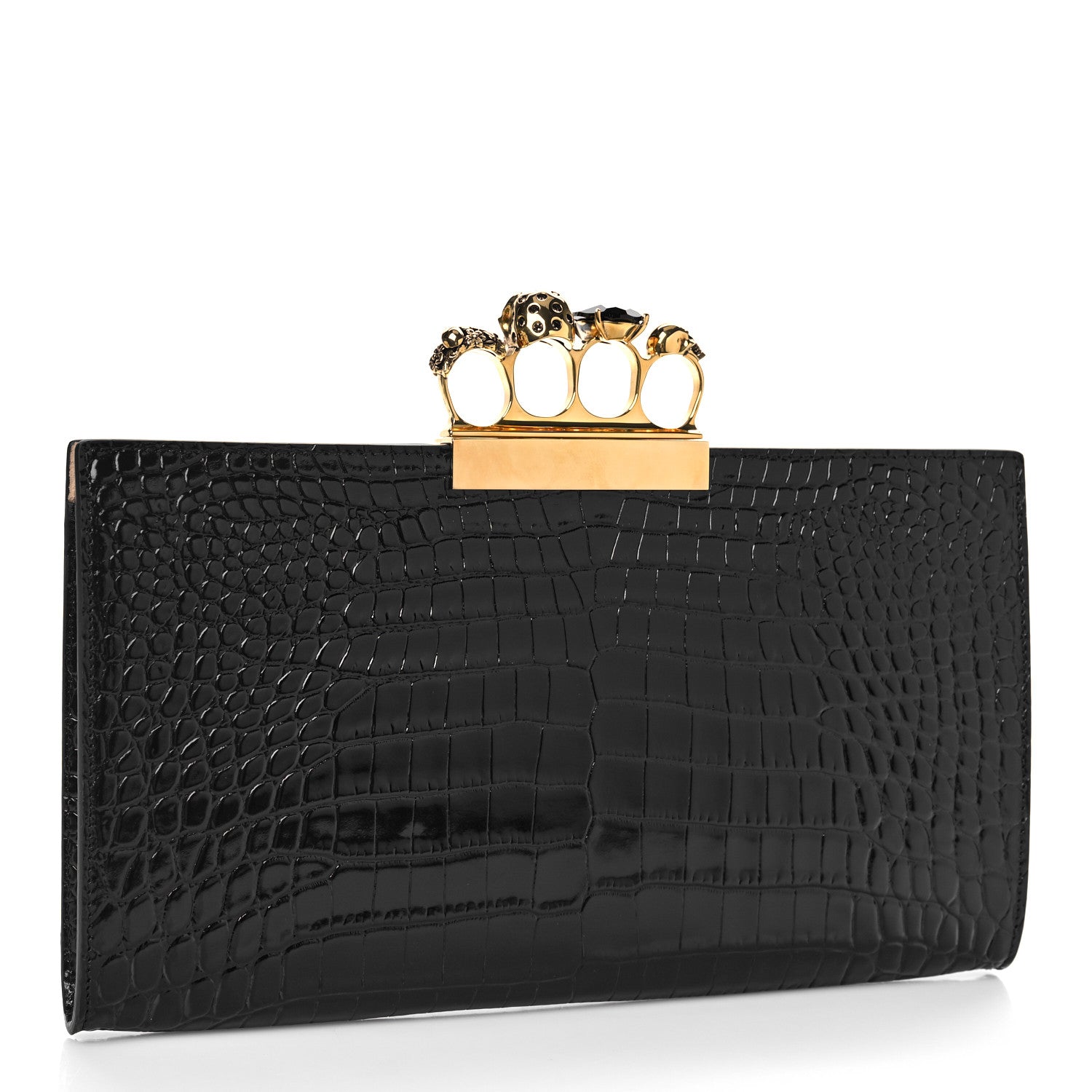 Alexander McQueen Calfskin Crocodile Embossed Knuckle Flat Clutch Black Gold 3 of 11