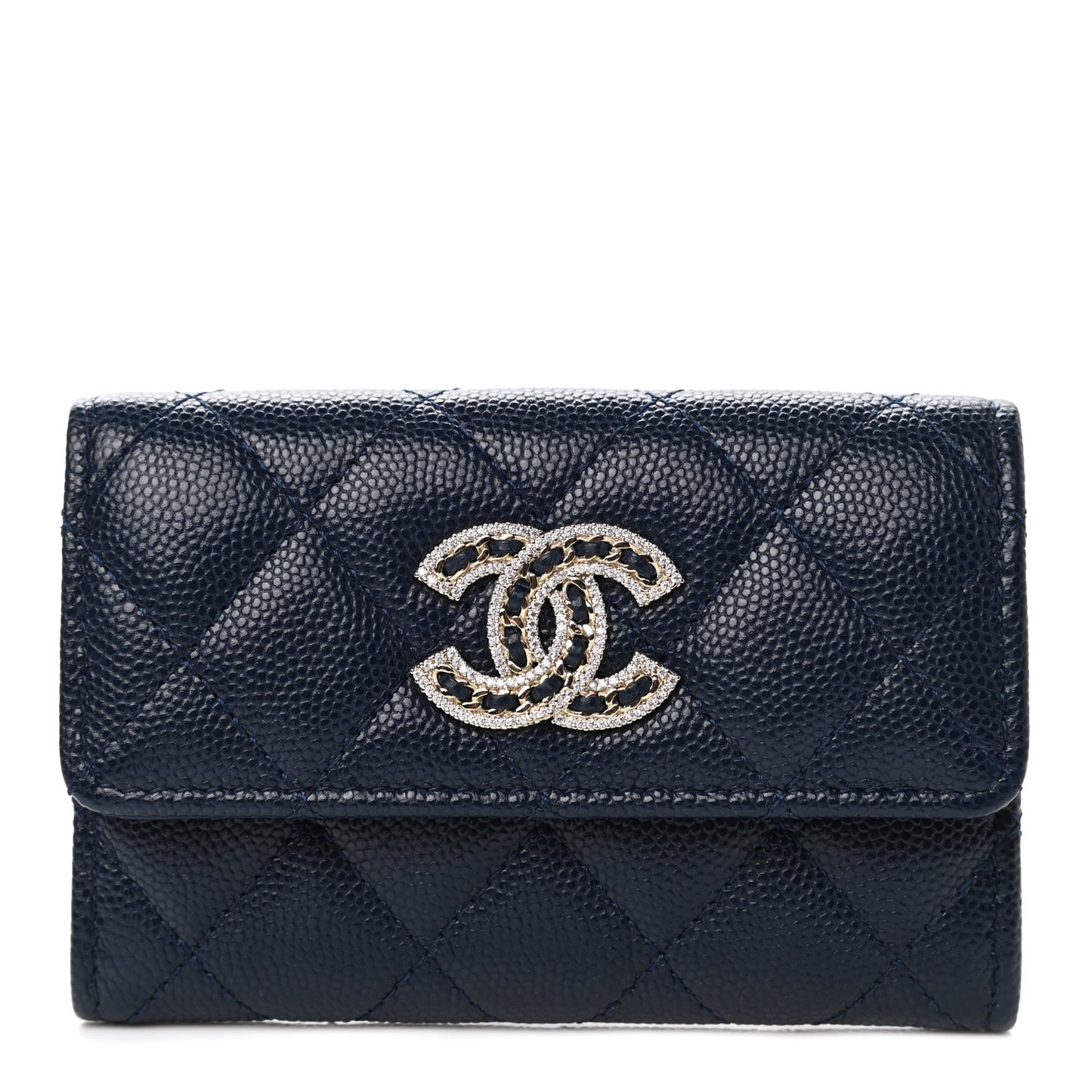 Caviar Quilted Crystal CC Flap Card Holder Navy Blue