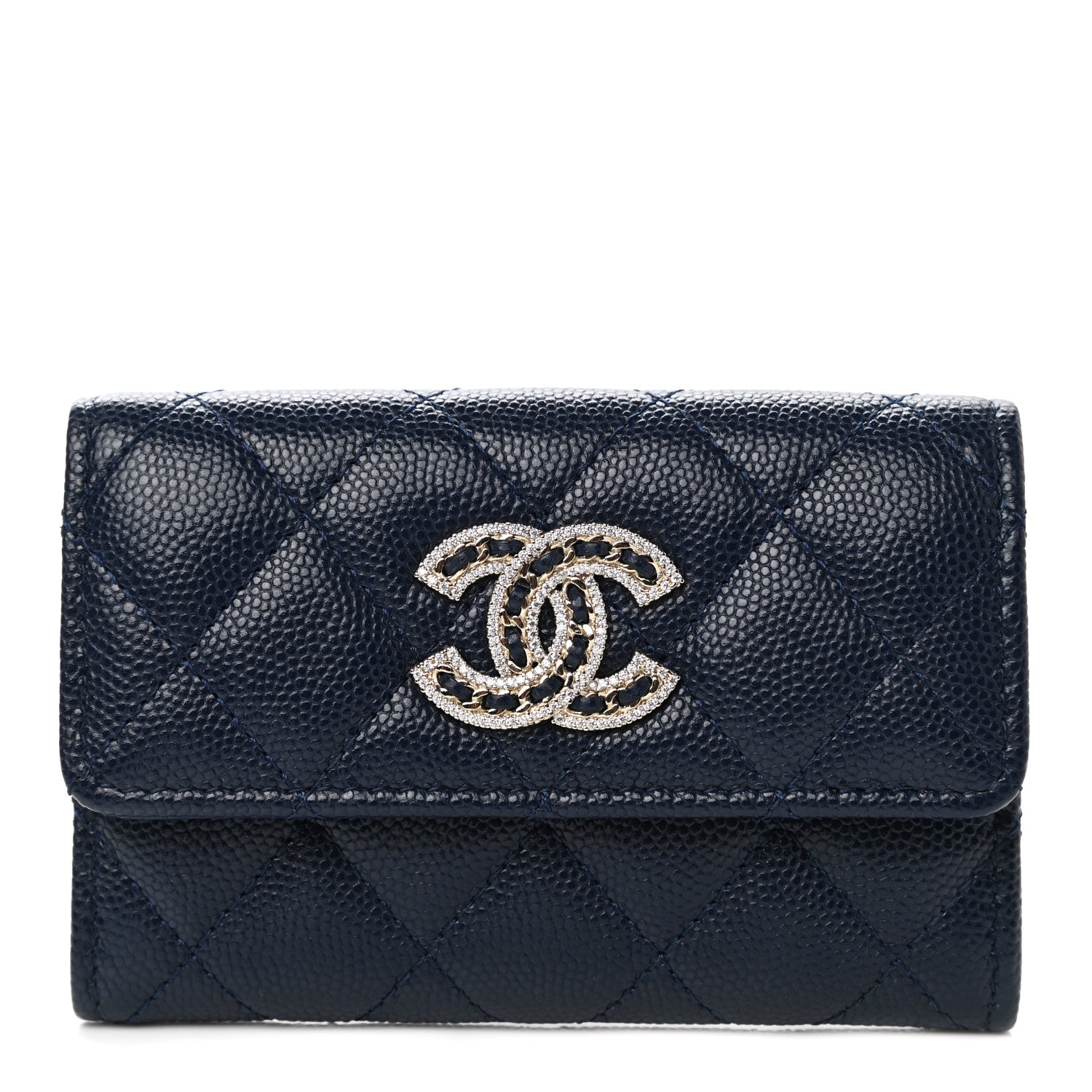 Chanel Caviar Quilted Crystal CC Flap Card Holder Navy Blue 1 of 9