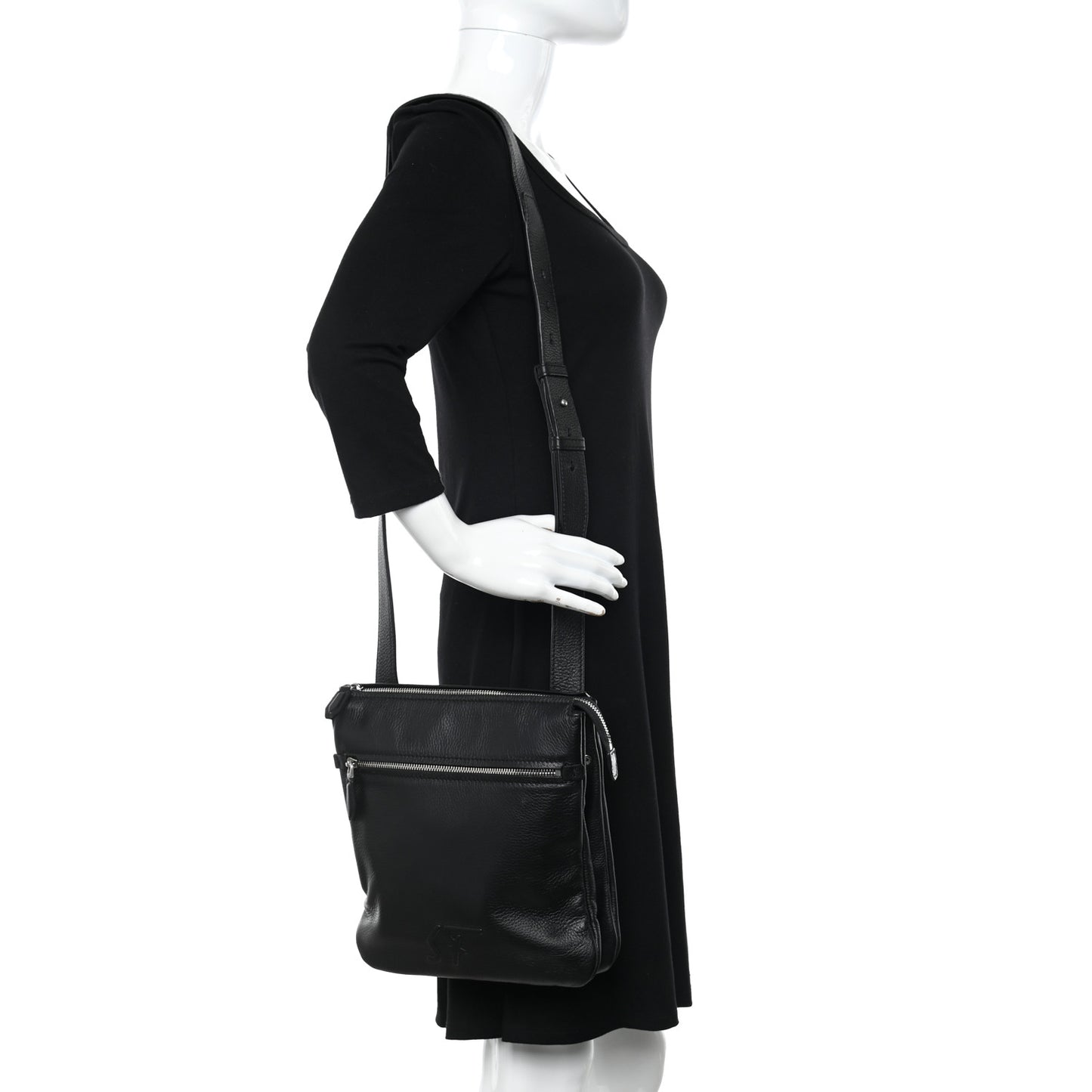 Grained Calfskin Logo Shoulder Bag Black
