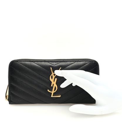 Saint Laurent Grain De Poudre Matelasse Chevron Monogram Zip Around Wallet Black 2 of 7