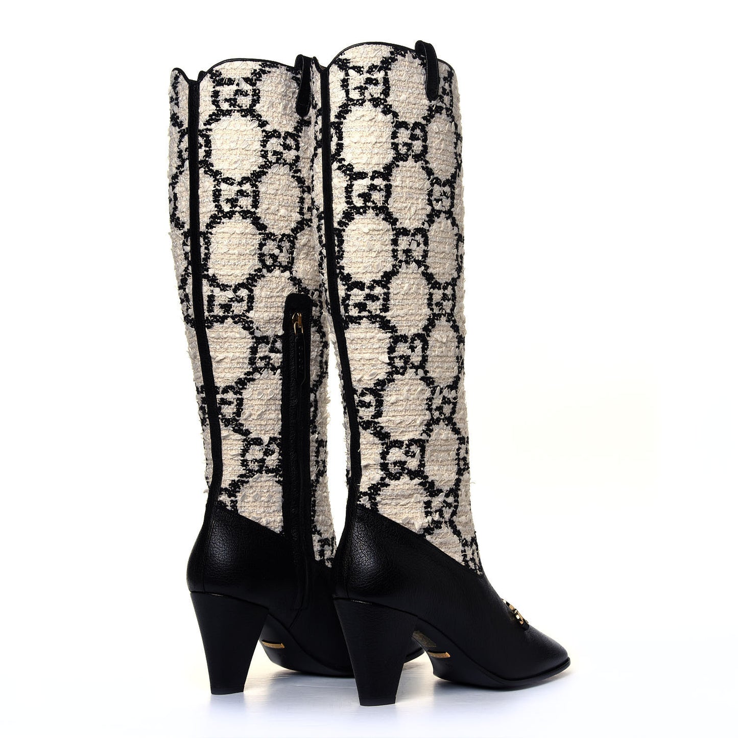 Tweed GG Monogram Wrinkled Kid Zumi Knee Boots 39 Natural Black