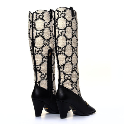Gucci Tweed GG Monogram Wrinkled Kid Zumi Knee Boots 39 Natural Black 3 of 6