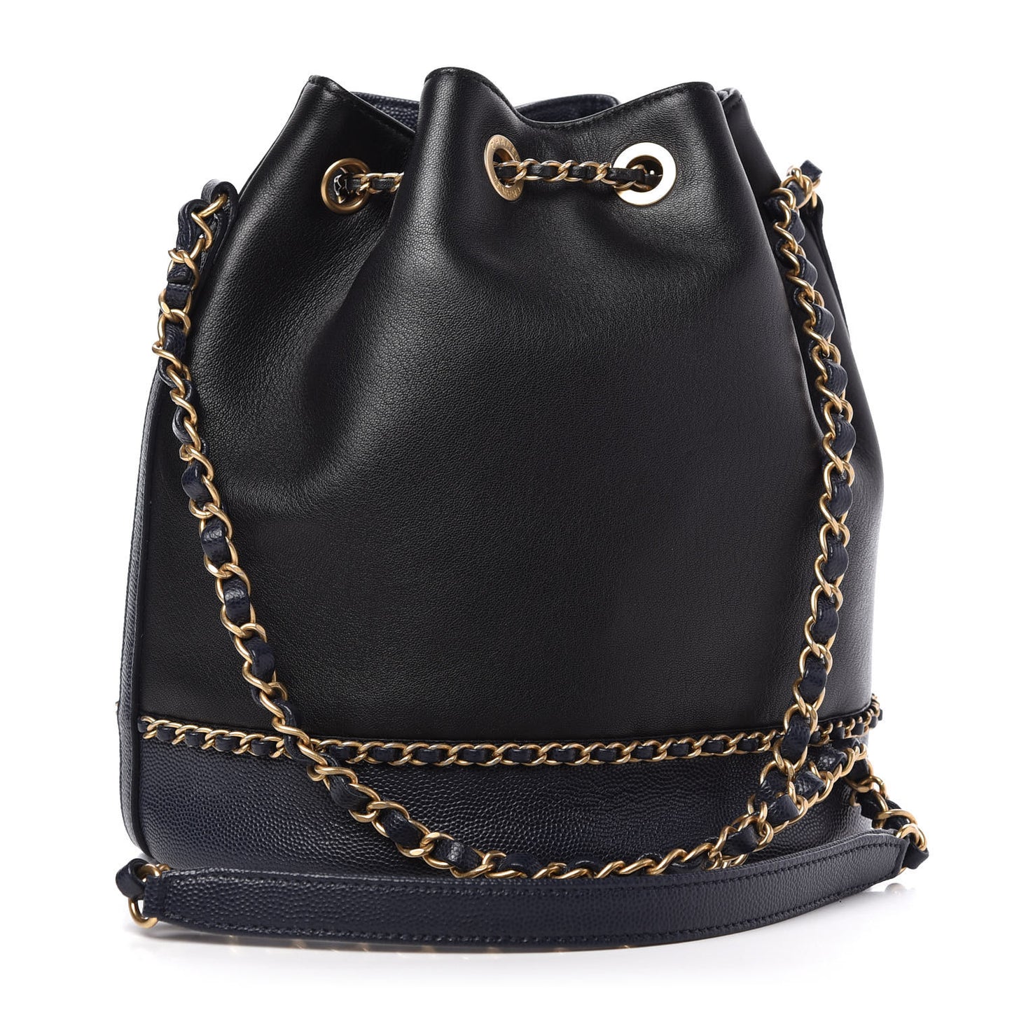 Lambskin Caviar Lovely Chains Drawstring Bag Black Dark Blue