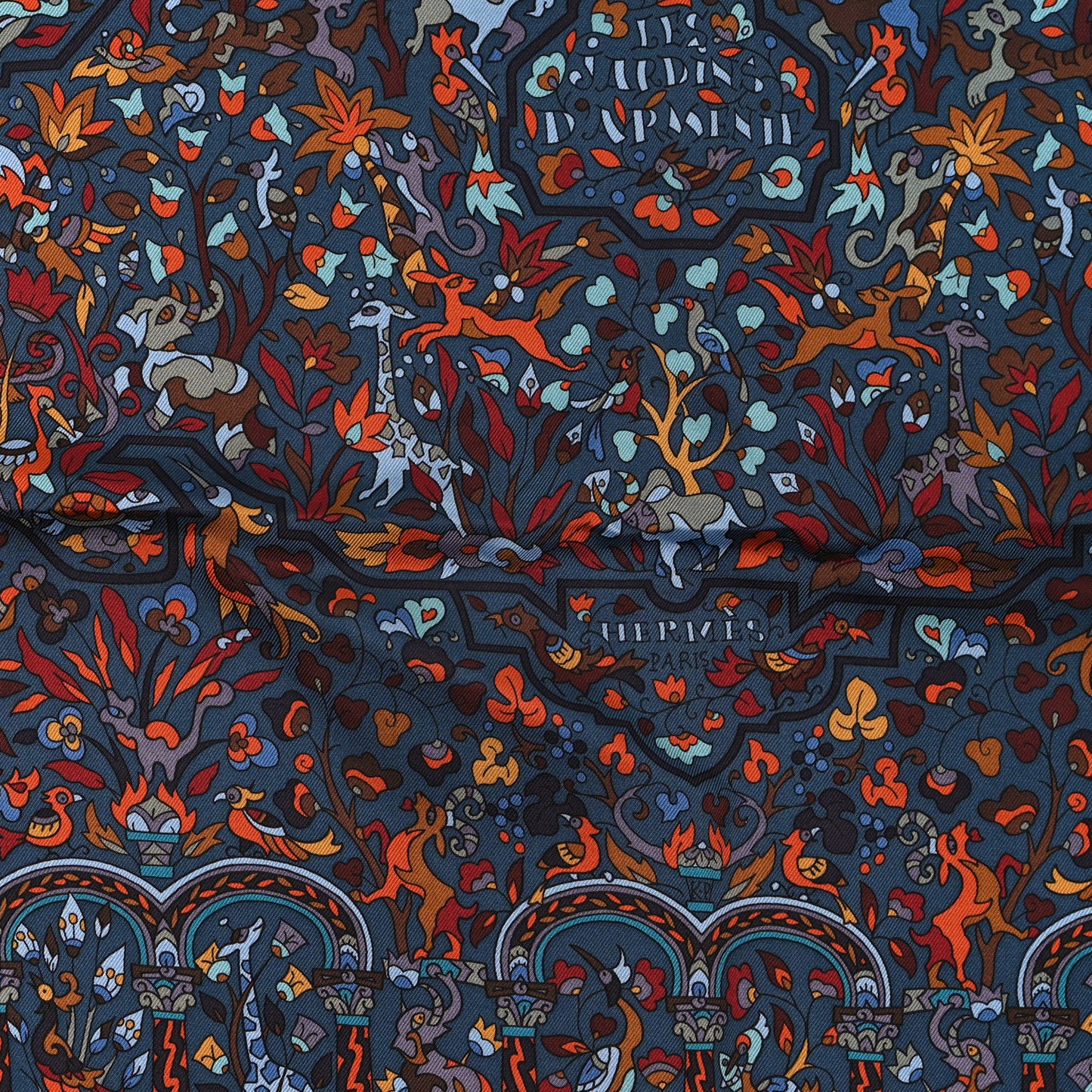 Silk Les Jardins D'Armenie Scarf 90 Cobalt Vert Prairie Bleu Canard