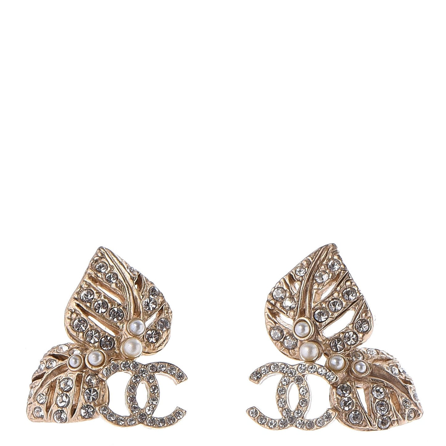 Crystal Pearl CC Leaf Earrings Gold