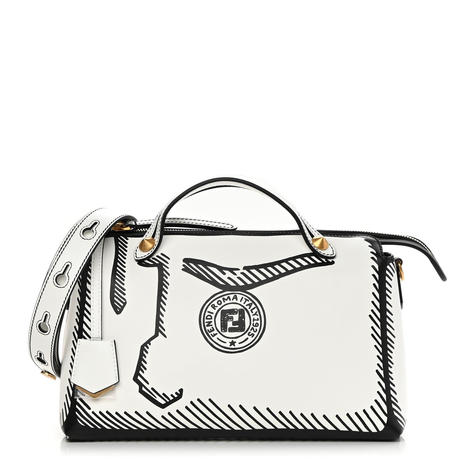 Fendi X JOSHUA VIDES Vitello Century Logo Medium By The Way Boston Bag White Black 1 of 12