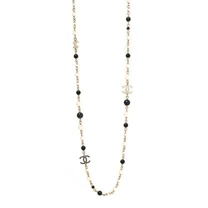 Chanel Pearl Bead Crystal CC Long Necklace Black Gold 1 of 3