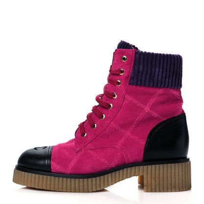 Chanel Suede Calfskin Velvet Lace Up Boots 39.5 Pink Black Purple 1 of 7