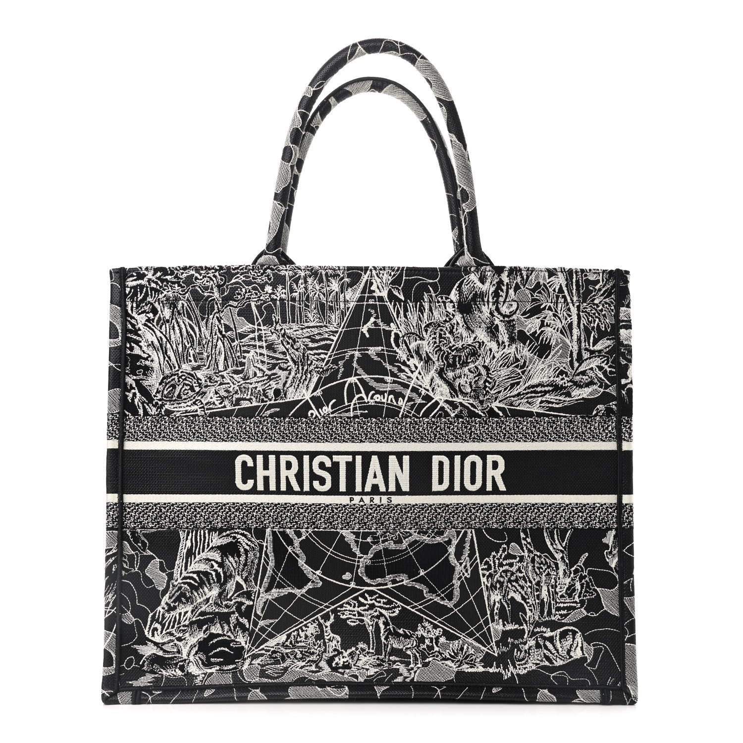 Christian Dior Canvas Embroidered Large Around The World Book Tote Black White 1 of 9