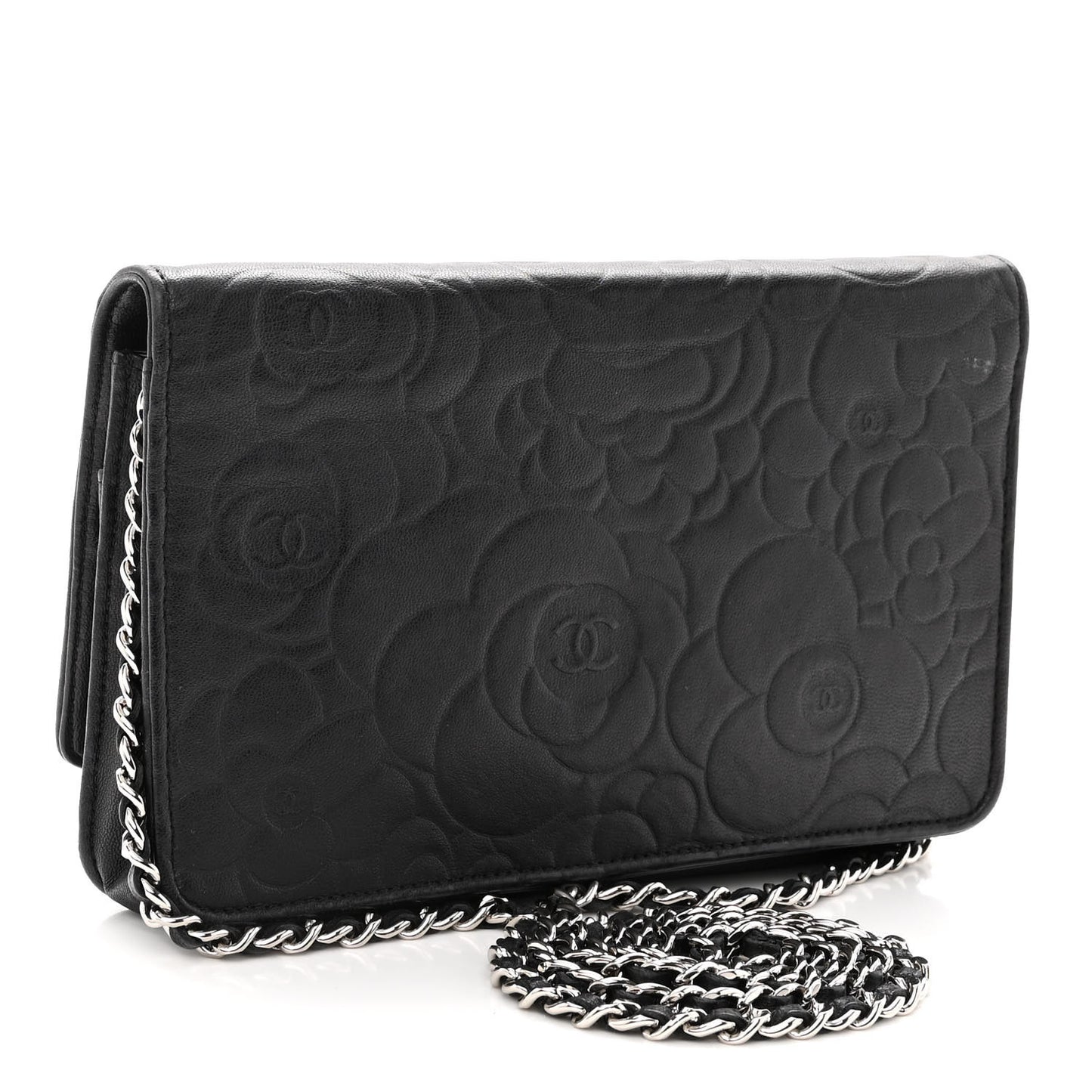 Lambskin Camellia Embossed Wallet on Chain WOC Black