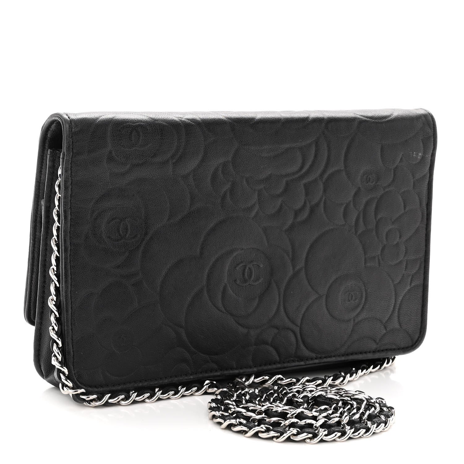 Chanel Lambskin Camellia Embossed Wallet on Chain WOC Black 3 of 12