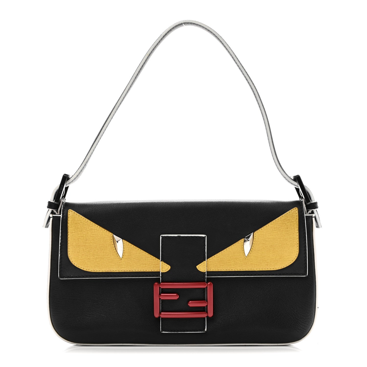 Fendi Vitello Dolce Elite Monster Eyes Bi-Color Baguette Black Yellow 1 of 9
