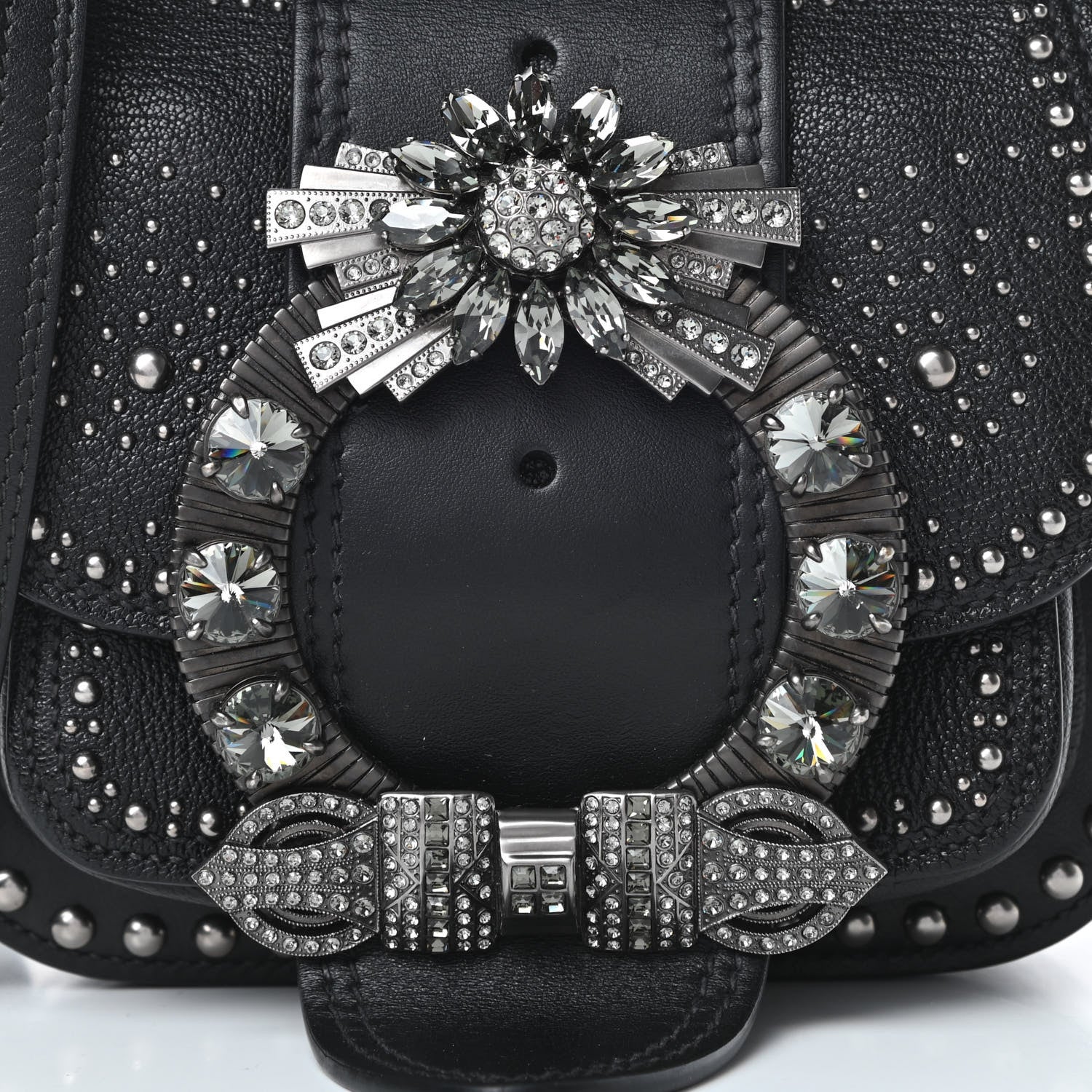 Miu Miu Goatskin Madras Soft Calfskin Crystal Embellished Dahlia Shoulder Bag Black 8 of 12
