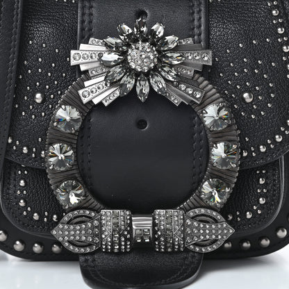Miu Miu Goatskin Madras Soft Calfskin Crystal Embellished Dahlia Shoulder Bag Black 8 of 12