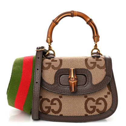 Gucci Monogram Jumbo GG Textured Dollar Calfskin Web Mini Bamboo 1947 Top Handle Bag Camel Ebony New Acero 1 of 9