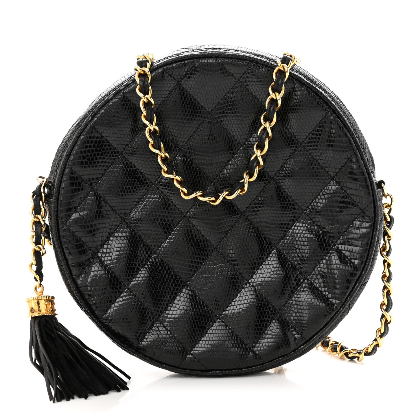 Lizard Quilted Round Tassel Crossbody Bag Black