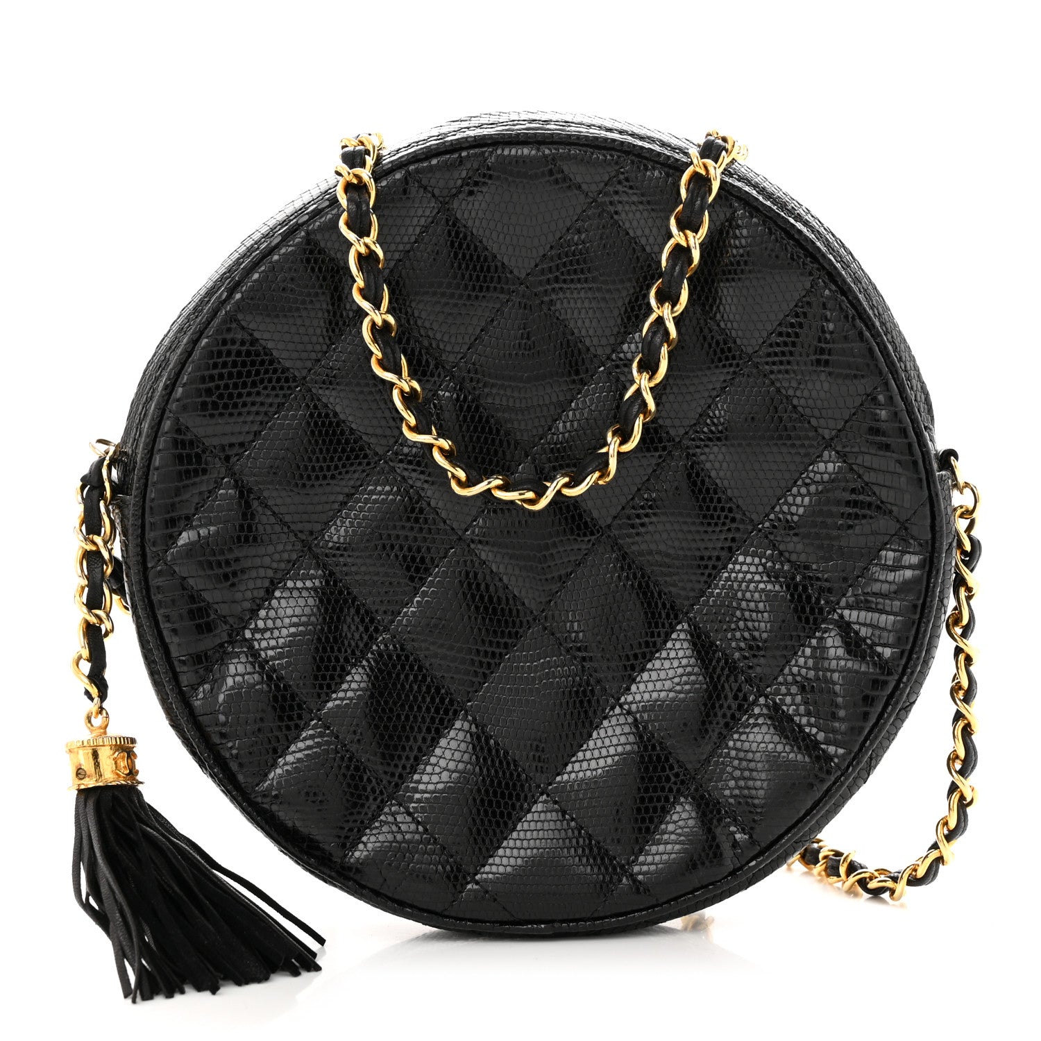 Chanel Lizard Quilted Round Tassel Crossbody Bag Black 1 of 12