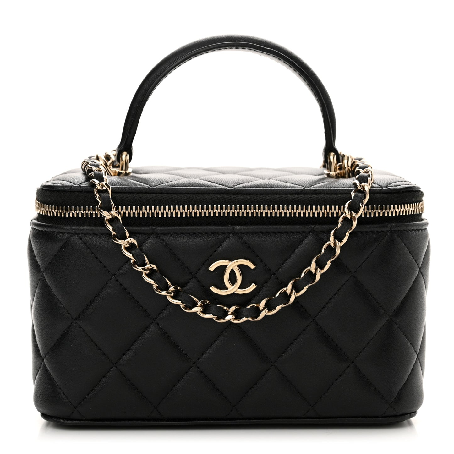 Lambskin Quilted Small Top Handle Vanity Case With Chain Black