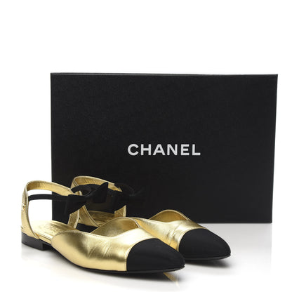 Chanel Laminated Lambskin Grosgrain Cap Toe Bow Flats 38.5 Gold Black 10 of 10