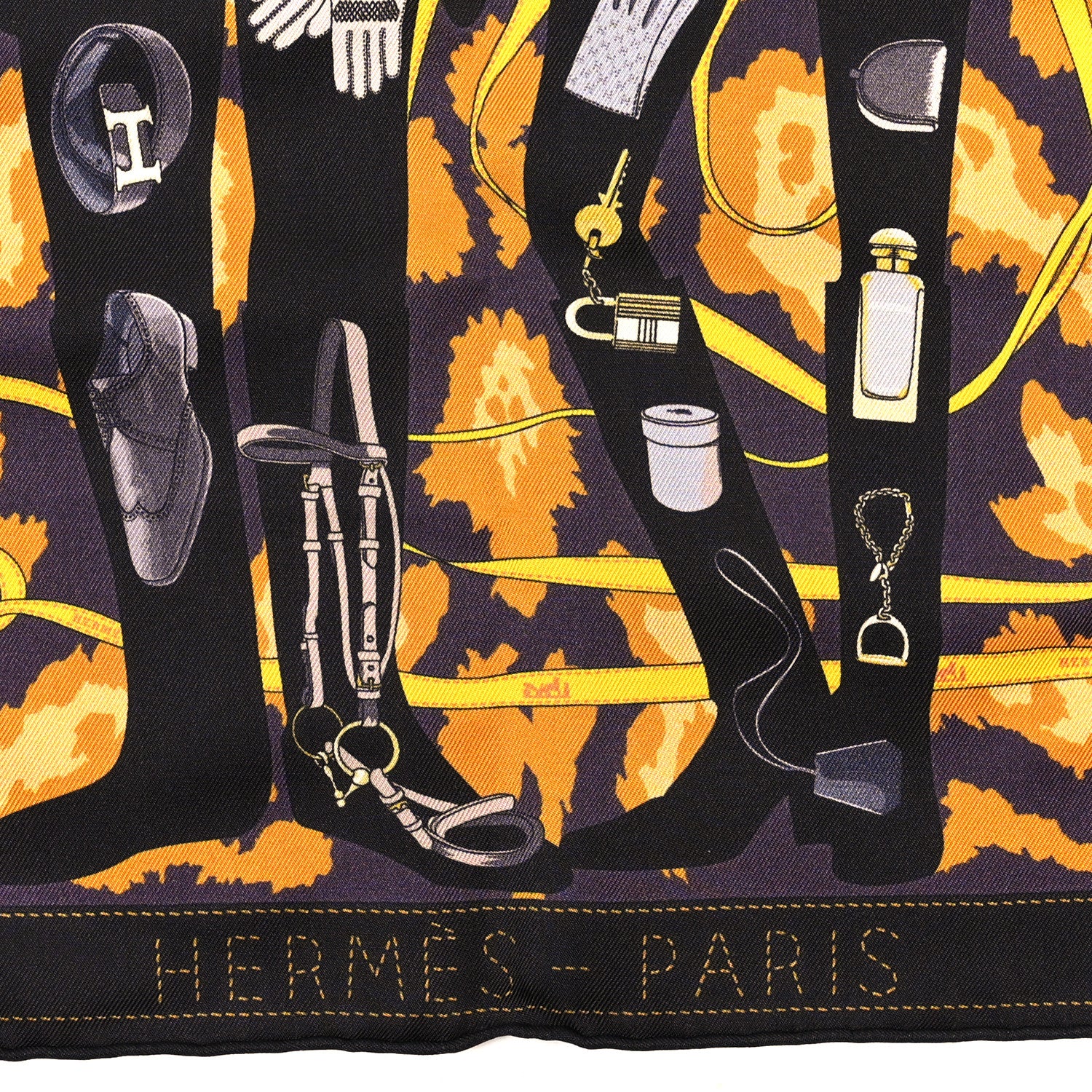 Hermes Silk Gavroche Monsieur et Madame Pocket Square Scarf Ebene Prune Or 2 of 3