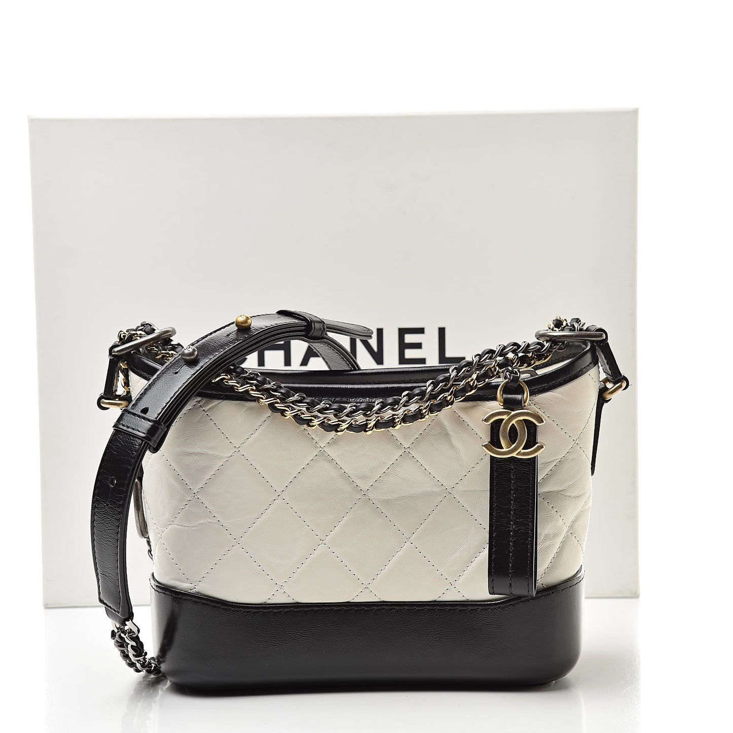 Aged Calfskin Quilted Small Gabrielle Hobo Black White