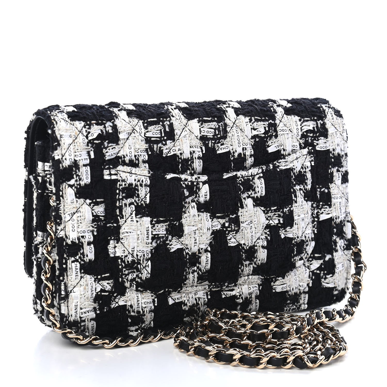 Chanel Tweed Quilted Wallet On Chain WOC Black Ecru White 3 of 10
