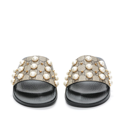 Gucci GG Supreme Monogram Pearls Slide Sandals 37 Beige 2 of 7
