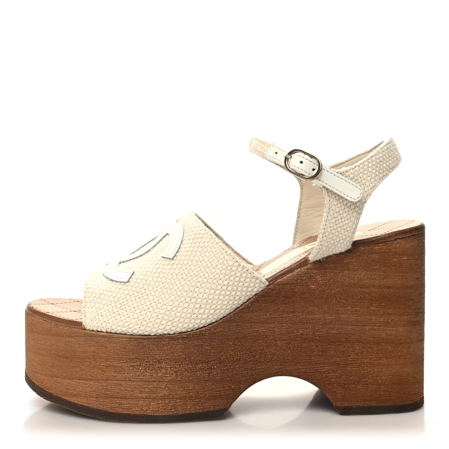 Fabric Patent Calfskin CC Wedge 37 Ivory White