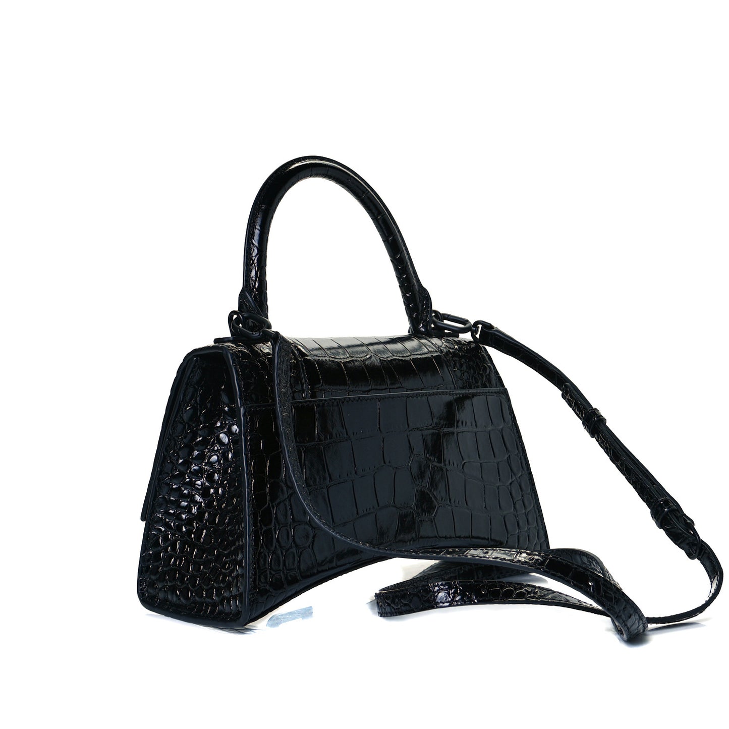 Shiny Calfskin Monochrome Crocodile Embossed Small Hourglass Top Handle Bag Black