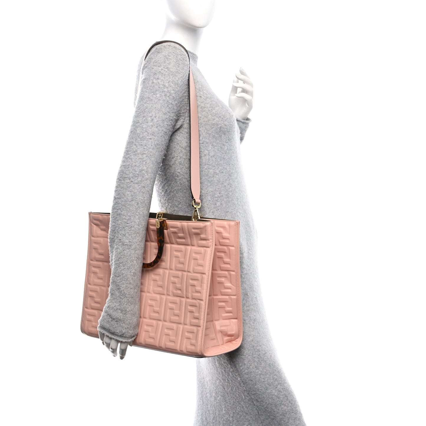 Vitello Plexiglass FF Embossed Medium Fendi Sunshine Shopper Tote Baby Pink