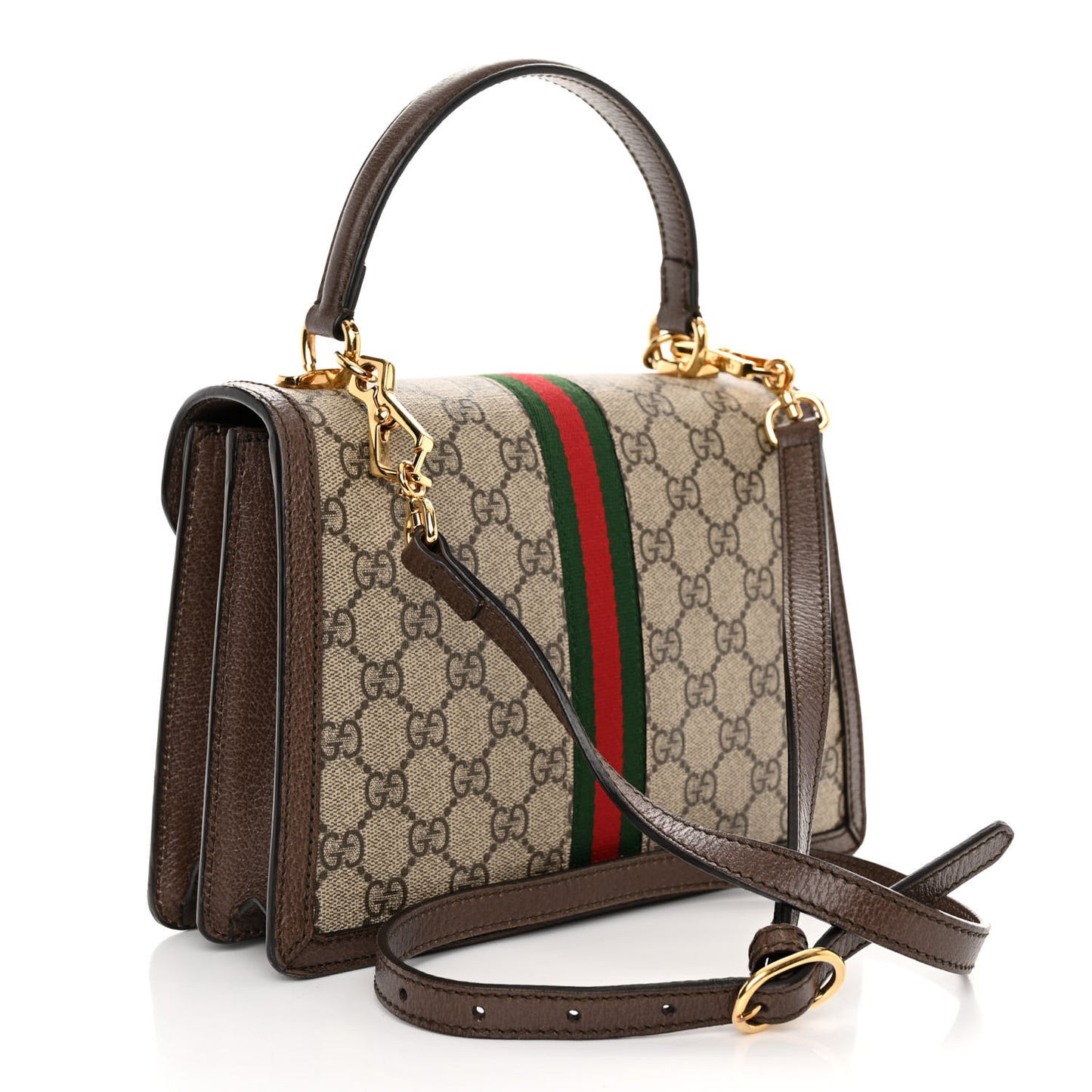 GG Supreme Monogram Textured Dollar Calfskin Web Small Ophidia Padlock Top Handle Bag Beige Ebony New Acero